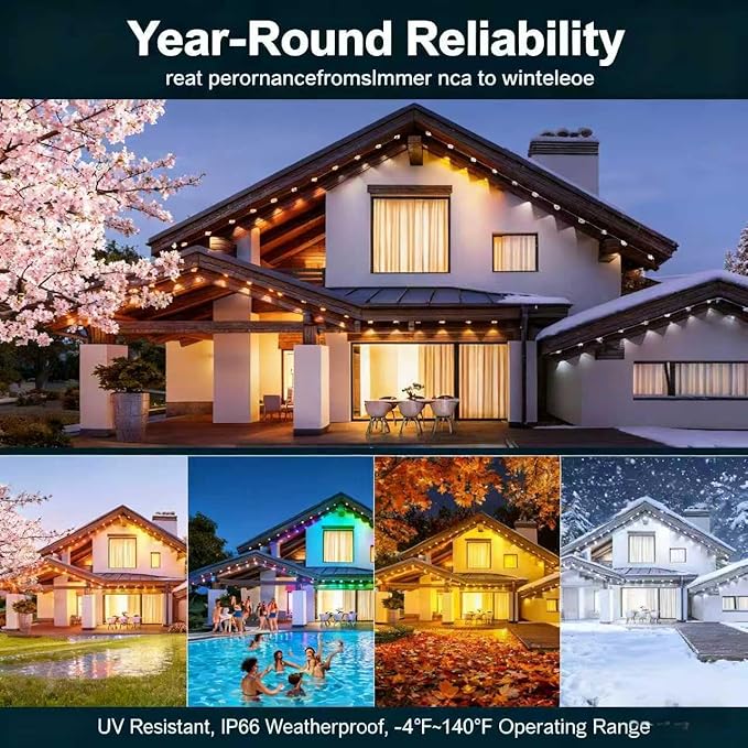 Permanent Outdoor Lights 300FT—Smart RGB Eave Lighting with App &amp Remote Control IP67 Waterproof for House Exterior Garden Holiday and Party Decor
