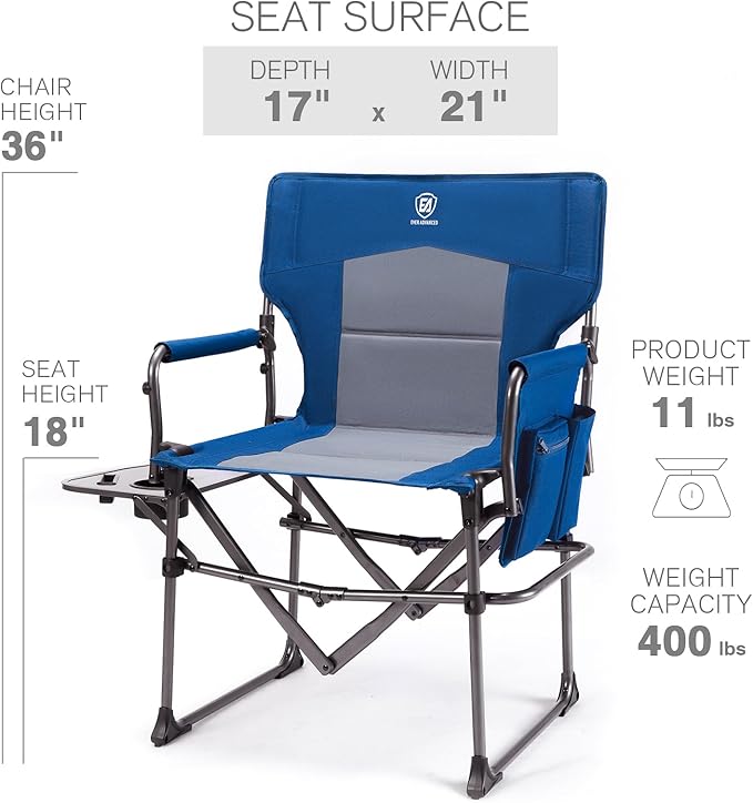 EVER ADVANCED Camping Directors' Chair with Side Table Portable Folding with Compact Size Heavy Duty Lawn Chair with Pocket for Camping Lawn Sports and Fishing 400lbs Blue