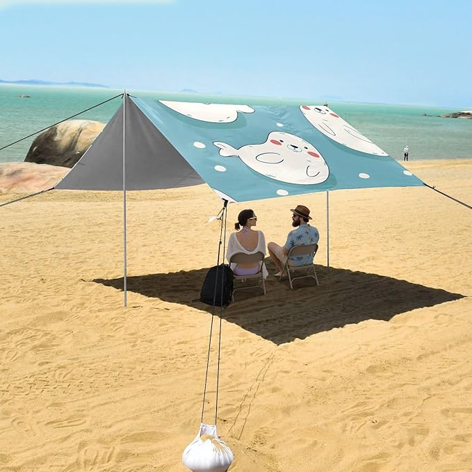 Cute Cartoon Seal Seamless Picture Camping Sun Shelter Beach Tent Portable Beach Sun Shade Outdoor Canopy for Camping Trips Fishing Picnic