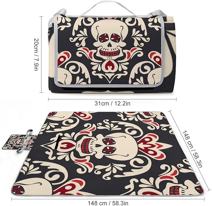 Vintage Halloween Black Victorian Gothic Skull Damask Waterproof Outdoor Picnic Blanket Sandproof Beach Mat for Camping Hiking Grass Travelling