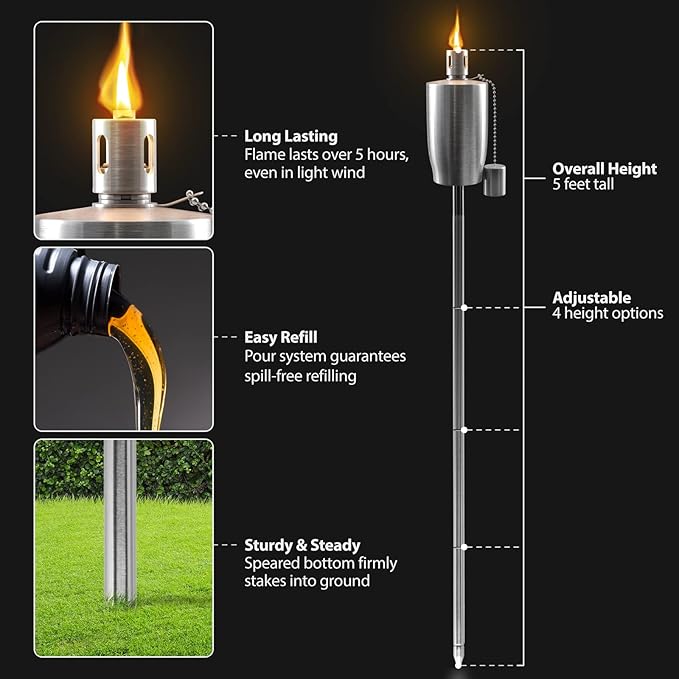 Matney Stainless Steel Outdoor Torches - Decorative Garden &amp Yard Lights - 5 ft Oil Lamp for Citronella - Fiberglass Wick &amp Snuffer Cap - Set of 4 (Cylinder)