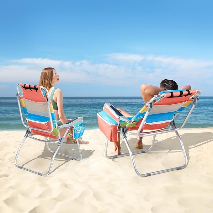VINGLI Tall Beach Chair 2 Pack with 5-Position Cooler Bag Cup Holders Towel Bar Lightweight Folding Beach Camping Chairs for Adults(Rainbow-16)