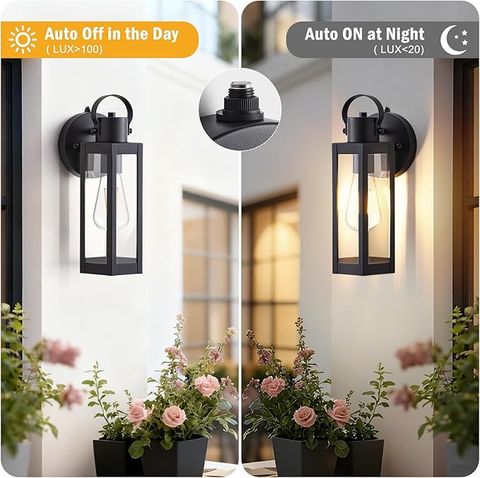 Dusk to Dawn Outdoor Lighting Fixtures Black Waterproof Sconce Outside Lamp Exterior Wall Sconce Front Door Porch Wall Mount Light Fixtures Anti Rust Wall Lantern for Garage Doorway