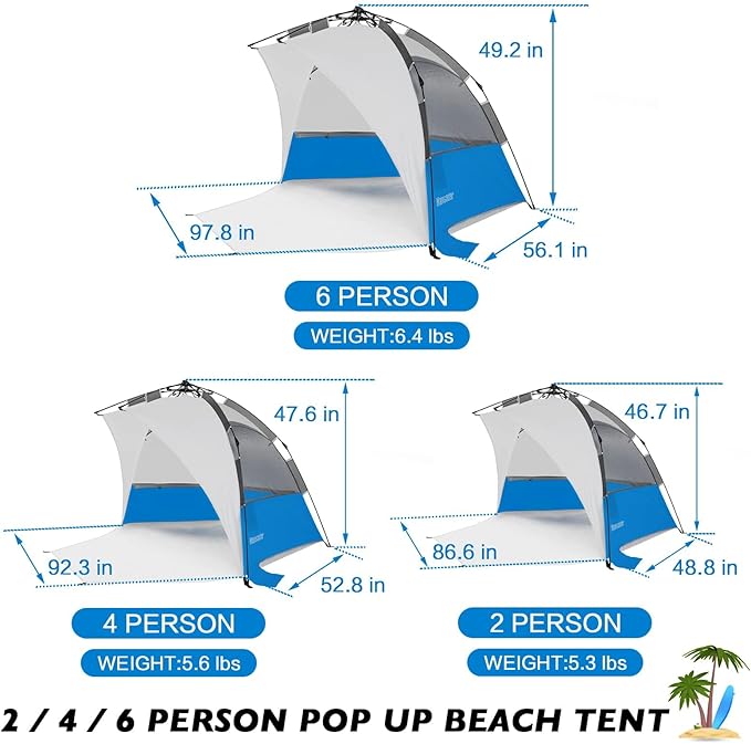6 Person Large Instant Pop Up Beach Tent UV Protection Portable Easy Setup Sun Shade Shelter for Whole Family Extended Floor with 3 Ventilating Mesh Windows for Outdoor Camping Fishing
