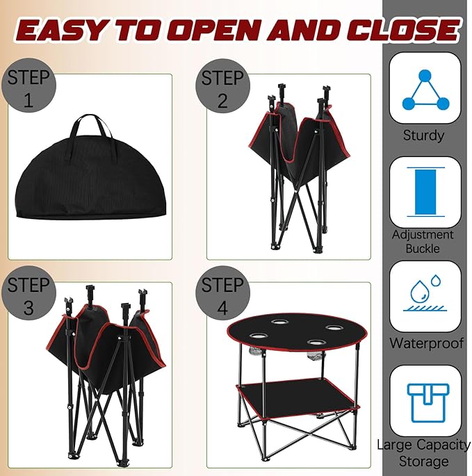 Soaoo 2 Pcs Folding Camping Table with 4 Mesh Cupholders 2 Tier Portable Folding Table Round Lightweight Fabric Compact Carrying Case Beach Table for Summer Outdoor Tailgating Fishing Hiking