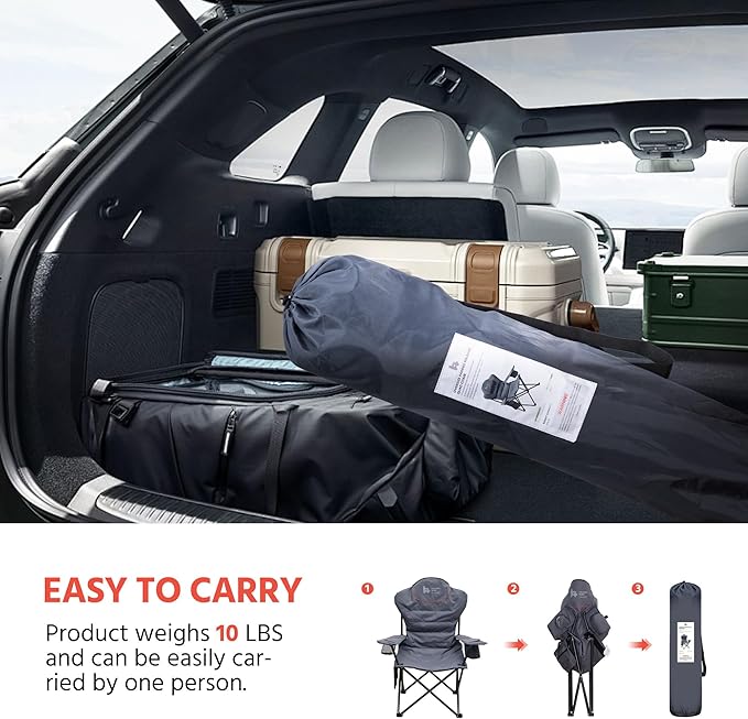 LAUSAINT HOME Portable Camping Chair for Adults Full Padded Folding Chair Support 300 LBS Heavy Duty Lawn Chair with Cup Holder Cooler Bag Storage Pocket Lumbar Support Head Pocket（Grey）