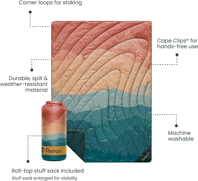 Rumpl Original Puffy Blanket - Warm Water-Resistant Camping Blanket with 100% Recycled Synthetic Insulation 52x75 Original Puffy V2 Rocky Mountain Sunset Fade