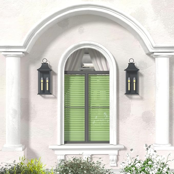 Dusk to Dawn Outdoor Wall Lantern 2-Light 20.6 Large Outside Wall Sconce Modern Black Wall Light Fixture with Glass Waterproof Exterior Lamp for House Porch Garage