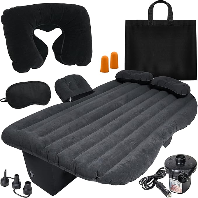 VaygWay Inflatable Car Air Mattress – Air Bed w/Pump Kit –Back Seat – Camping Vacation Blow up Bed Cushion - Sleeping Pad w/ 2 Pillows (Inflatable Car Mattress Neck Pillow Ear Plugs Eye Shields)