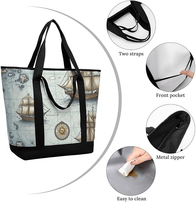 Insulated Shopping BagLarge Reusable Cooler Bags Boat Map_75091459 Printed Foldable Shopping BagTravel Waterproof Shoulder Bag