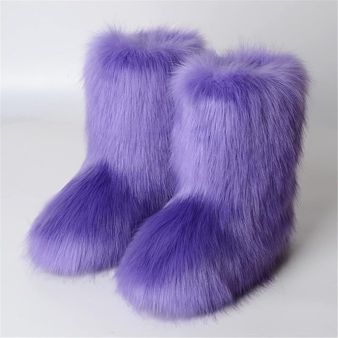 Womens Furry Faux Fur Booties Winter Warm Snow Ankle Boots Fuzzy Fluffy Furry Mid Calf Boots Outdoor Comfy Flat Shoes