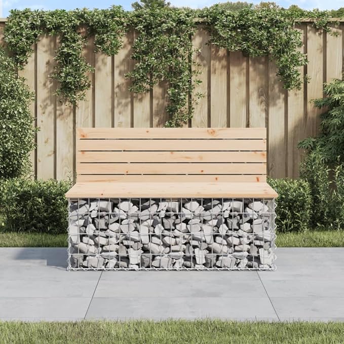 vidaXL Solid Pine Wood Patio Bench with Galvanised Steel Gabion Base Farmhouse Style Garden and Outdoor Seating 40.6x27.6x25.6 Brown 834374