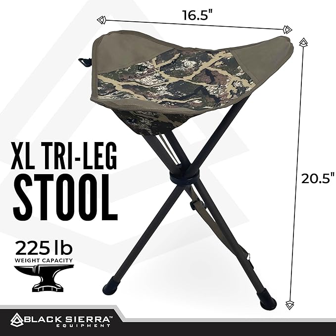 Black Sierra Folding Hunting Stool w/Shoulder Strap Supports 225 lbs Lightweight Collapsible Tripod Seat Foldable Steel Frame Chair Perfect for the Hunting Blind Fishing Hiking Travel