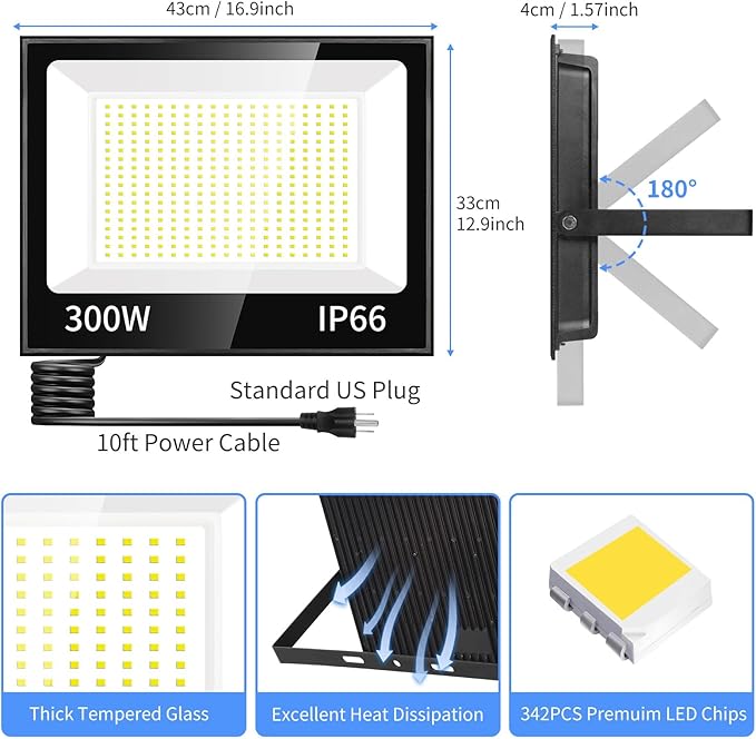 300W LED Flood Light Outdoor with Plug 36000LM Ultra Brighter Security Light IP66 Waterproof Exterior Plug in Floodlight 5000K Daylight White for Lawn Yard Garden Stadium(2 Pack)