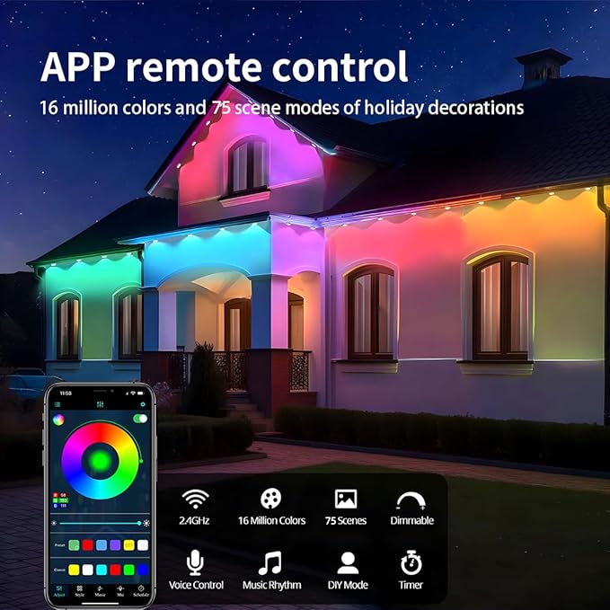 Permanent Outdoor Light50ft with 30 LED Eaves LightsSmart RGB Outdoor Lights with 75 Scene ModesIP67 Waterprooffor Halloween DecorationsChristmasPartywith App and Remote
