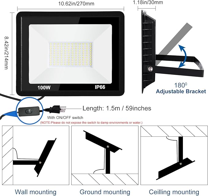LED Flood Light Outdoor100W LED Work Light with ON/Off Switch Plug in Security Lights IP66 Waterproof 6500K 2Pack Portable Exteriores Floodlights for Yard Garage Stadium Garden Patio
