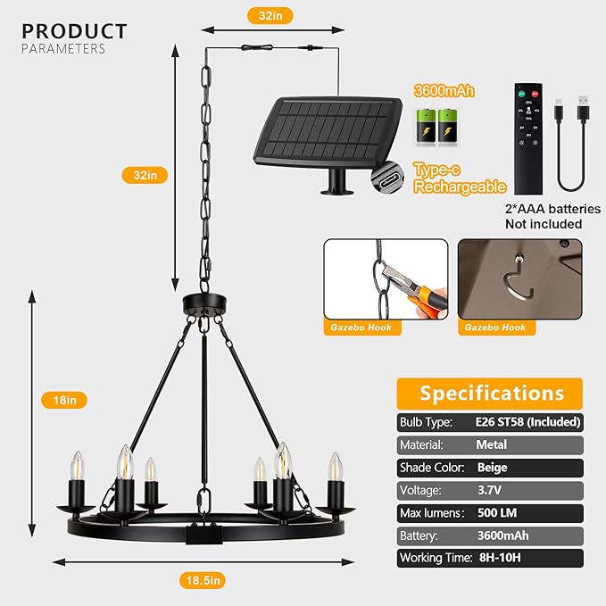 Solar Outdoor Chandelier 6-Light 19 Chandelier Outdoor Waterproof Dimmable Hanging Pendant Lights Farmhouse Style for Gazebo Porch Patio Pergola Decor Lighting