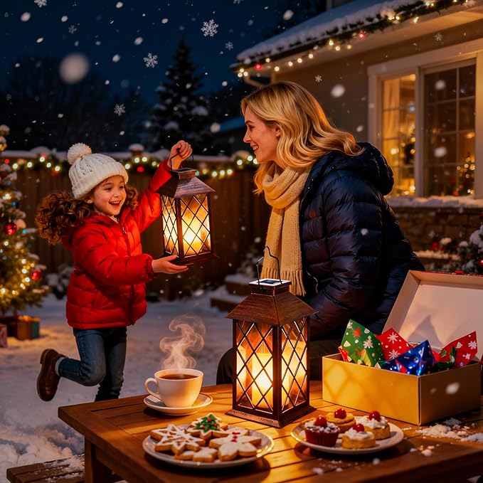 [2 Pack] TAKE ME 14 Solar Lantern Outdoor Garden Hanging Lantern Waterproof LED Flickering Flameless Candle Mission Lights for TableOutdoorChristmas Gifts Mom Wife