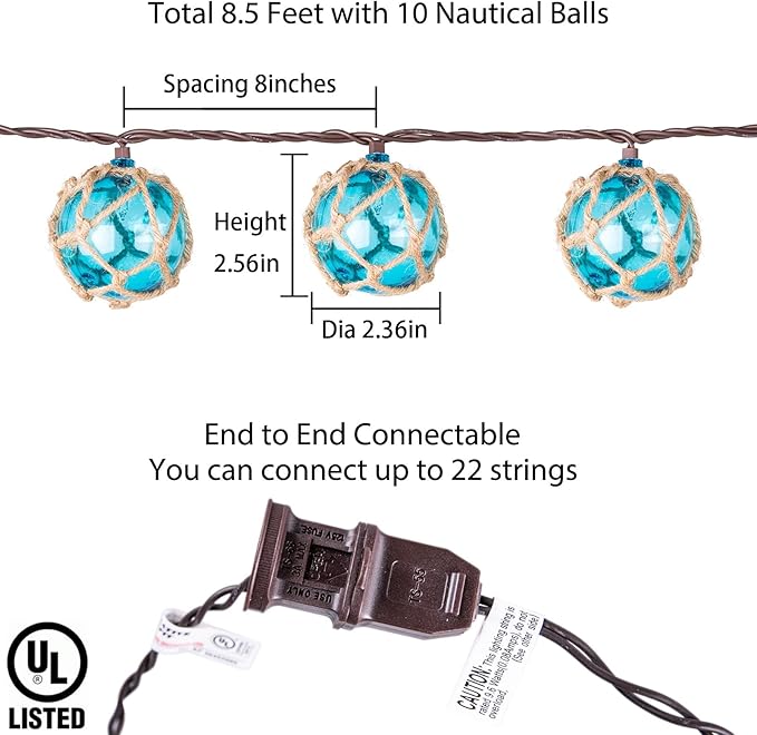 Decorative String Lights Plug in with 10 Incandescent Bulbs Nautical Fishing Float String Lights Connectable Weatherproof for Indoor Home Tiki Bar Decor and Outdoor Patio Decorations (Aqua Blue)