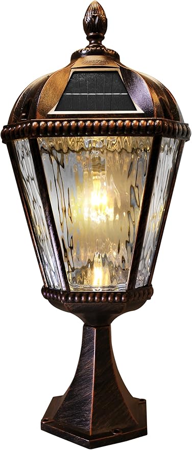 Gama Sonic Outdoor Solar Post Light with Pier Base Brushed Bronze Finish Aluminum and Rain Glass Royal Bulb 150 Lumens Warm White LED Mount on Column or Flat Surface 98B111 Upgraded Panel