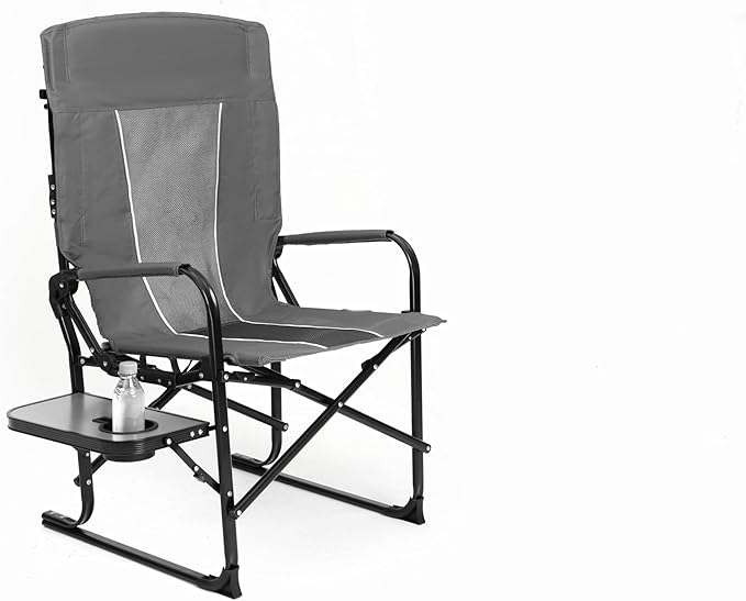 Foldable Directors Chair Heavy Duty Outdoor Camping Chair with Side Table and PocketOversized Rocking Lawn Chair for FishingBeachSport Events (Gray)