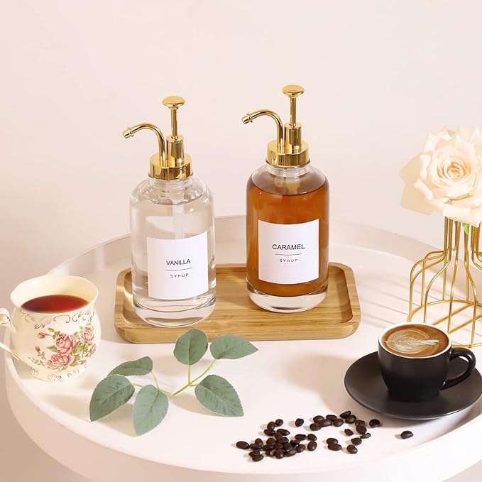 Coffee Bar Accessories - Glass Coffee Syrup Dispenser with 84 Syrup Labels (Set of 2) Fancy Pump Dispenser 16.9 oz Gold
