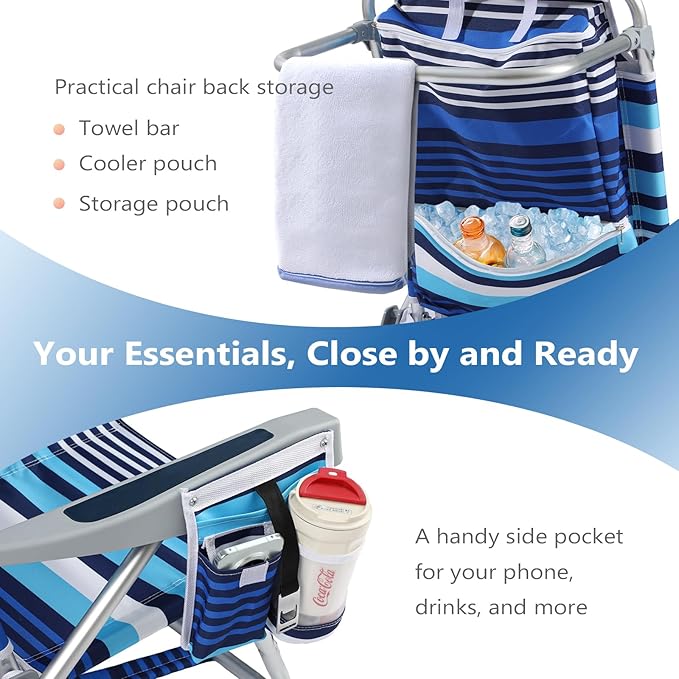 5-Position Aluminum Lay Flat Backpack Beach Chair 2 Pack Compact Portable Low Beach Chairs for Adults Beach Chair with Cooler Pouch Storage Pouch Towel Bar Cup Holder Blue Stripe