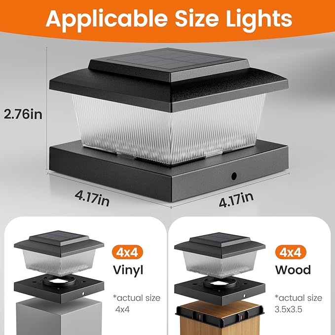 APONUO Solar Post Cap Lights with Flickering Flame &amp Warm White 8-Pack for 4x4 Wood/Vinyl Posts Solar Powered Deck &amp Fence Lights Auto On/Off IP65 Waterproof Matte Black