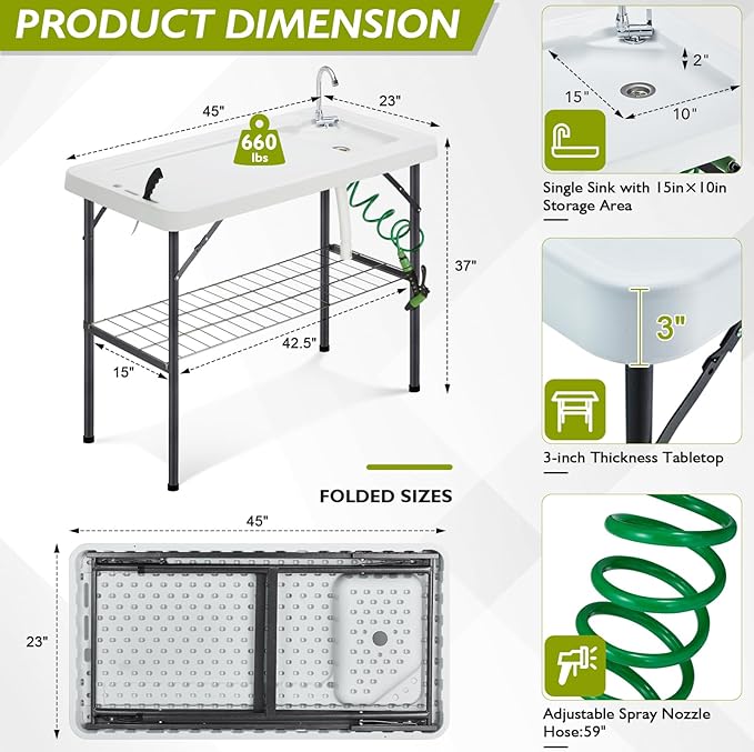 Folding Fish Cleaning Table Portable Camping Sink with Faucet Drainage Hose &amp Sprayer Outdoor Fillet Station Grid Rack Knife Groove for Picnic Fishing Black