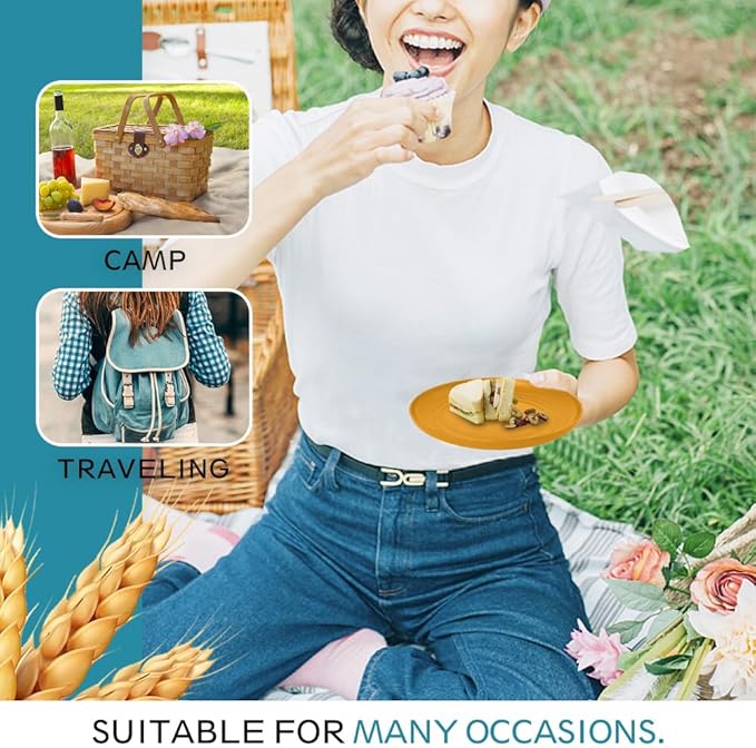 Teivio 88-Piece Kitchen Plastic Wheat Straw Square Dinnerware Sets for 8 Dinner/Salad/Tidbit Plates Fruit/Snack Bowls Cups Flatware Dishwasher Safe Unbreakable Outdoor RV Dishes Fall Multicolor