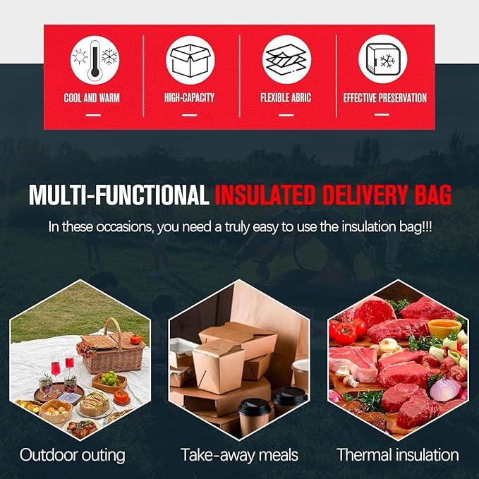 Insulated Food Delivery Bag XXXL Commercial Food Warmer Bag for Hot and Cold Catering Delivery Insulated Reusable Grocery Bags (4 Pack Red)