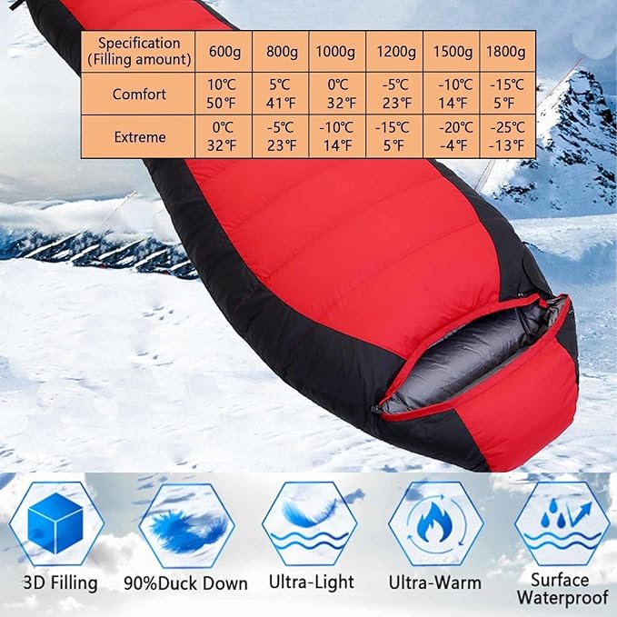 Backpacking Sleeping Bag 90% White Duck Down 5℉-50℉ Camping Sleeping Bags Includes Travel Pillow Camping Hiking Sleep Essentials Gear Accessories