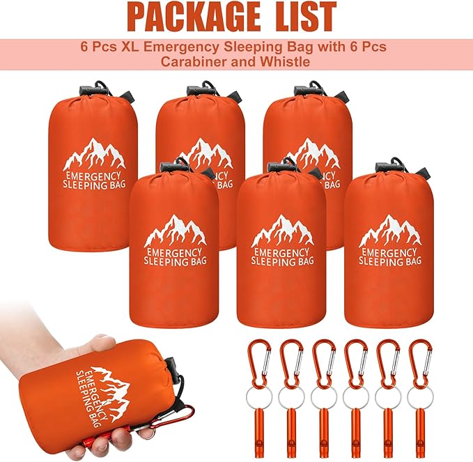 Oudain 6 Pcs XL Emergency Sleeping Bag 94.5 x 49.2 Waterproof Survival Sleeping Bag with Whistle Carabiner Portable Thermal Bivy Sack Emergency Blankets for Camping Hiking Outdoor