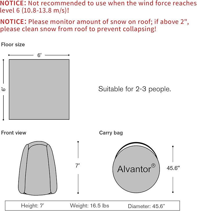 Alvantor® Pop Up Bubble Tent® - 6’ x 6’ Instant Igloo Tent® - 2-3 Person Screen House for Patios - Large Oversize Weather Proof Pod - Cold Protection Camping - Beige