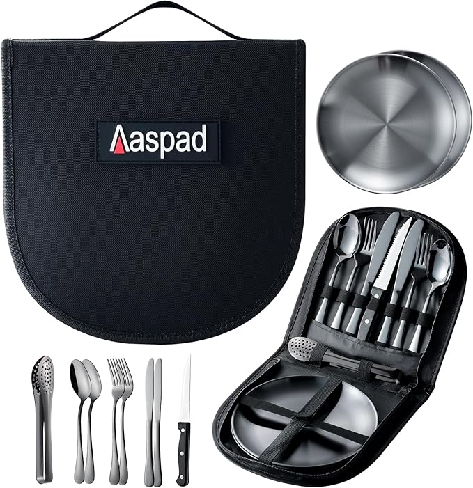 Full Size Stainless Steel Dishes &amp Utensils Sets Outdoor Camping Mess Kits Flatware Picnic Silverware Cutlery Kits Carrier Case Packed of 2 Forks2 Spoons1 Serrated Knife1 Food Clip2 Plates