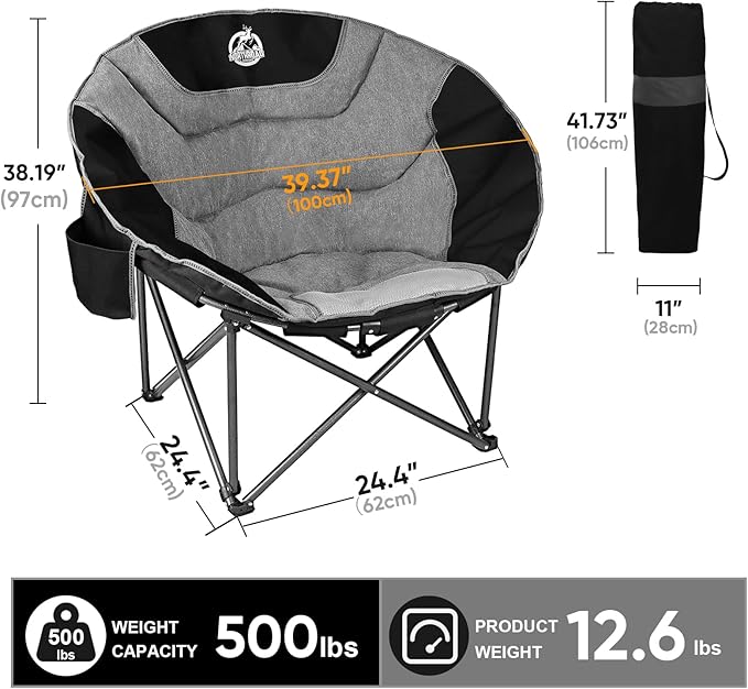 Northroad XXL Camping Moon ChairOversized Round ChairFolding Padded Saucer w/Side Pocket500lbs Capacity for Outdoor Hiking Fishing Picnic LawnBlack&ampGrey