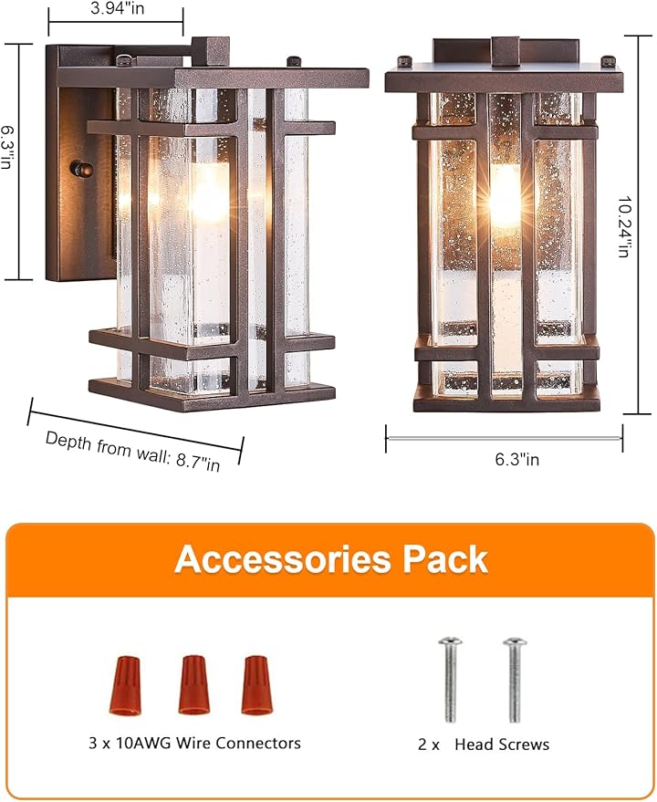 Retro Outdoor Wall Light Oil Rubbed Bronze Outside Wall Lamp with Seeded Glass Shade 10H Exterior Light Fixtures Wall Mount IP65 Waterproof Outdoor Porch House Lighting Exterior Wall Sconces E26