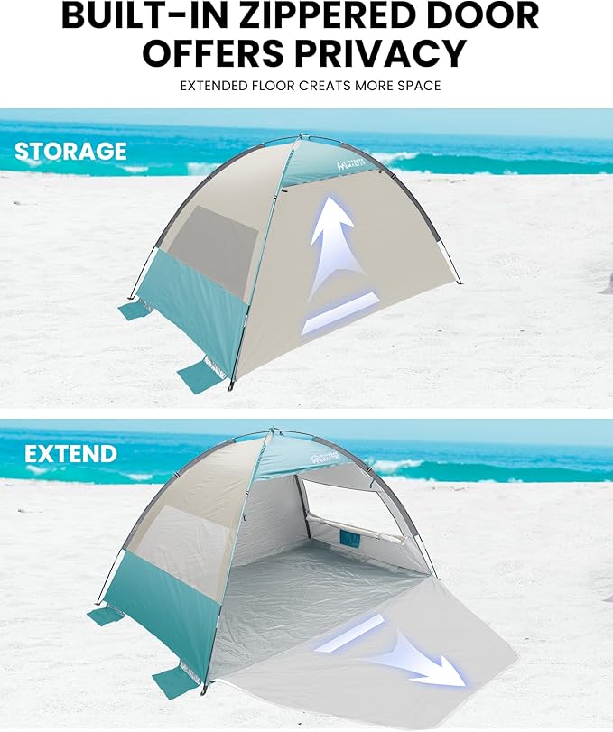 OutdoorMaster Update Beach Tent Sun Shelter with 2 Ventilated Doors UPF50+ Easy Setup Beach Tent Canopy for 3 Person Portable Family Beach Umbrellas for Sand with Carrying Bag - Pale Green