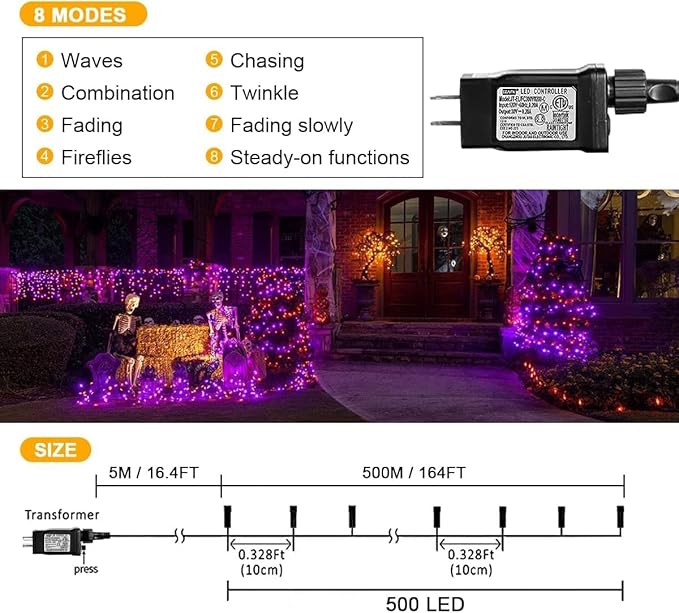 weillsnow 164FT 500 LED Halloween Lights 8 Modes Waterproof Plug in String Lights for Halloween Indoor Outdoor Yard Party Wedding Garden Home Decorations (Purple &amp Orange)