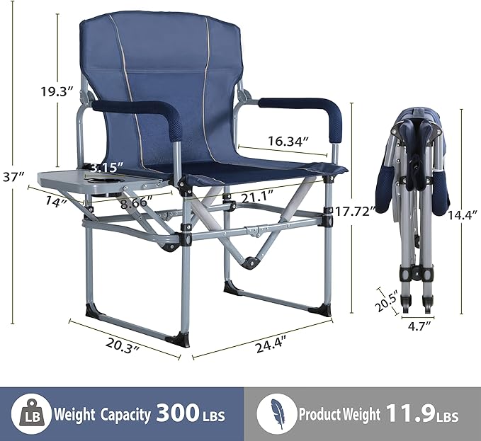 SHALLWE Oversized Director Chairs No Assembly Heavy Duty Folding Chair with Side Table for Camping Fold Up Outdoor Lawn Chairs for Adults Navy