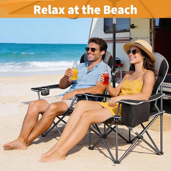NEWBULIG Oversized Folding Camping Chair for Adults Portable Outdoor Collapsible Chairs 500 LBS Heavy Duty Support with Cup Holders Side Cooler &amp Pockets for Lawn Beach Fishing Hiking Bla