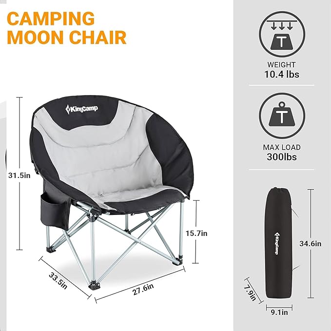 KingCamp Camping Chair Oversized Padded Moon Round Saucer Chairs Camping Folding Chair with Cup Holder (Black - 2 Pack)…