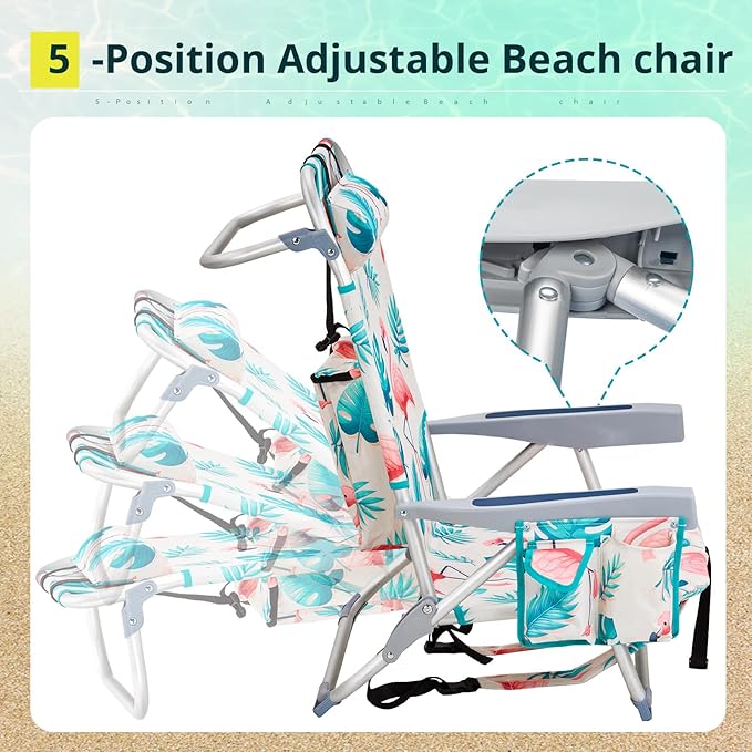 Folding Beach Chair for Adults Outdoor Beach Portable Lawn Chair Camping Chair Beach ChairHigh Back Beach Chairs with Hard Armrest Supports 300lbs for Beach Lawn ConcertFlamingo