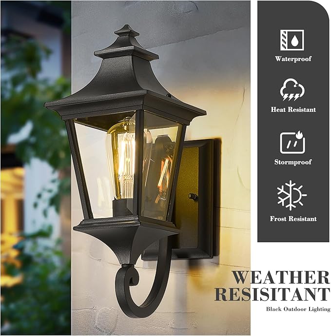 Emliviar 2 Pack Outdoor Sconces Wall Lighting 15 Inch Modern Outdoor Wall Light with Clear Glass Black Finish XE292UB-2PK BK