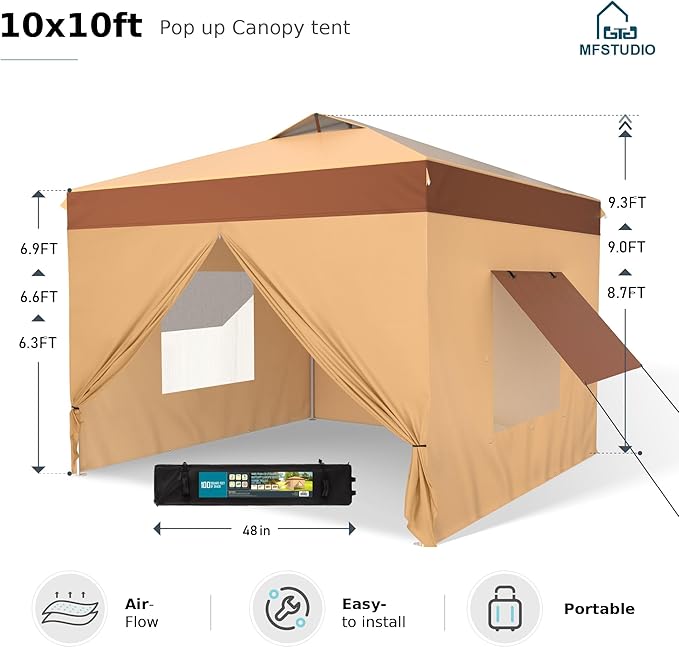 MFSTUDIO 10x10 Pop Up Canopy Tent with Removable Sidewalls Outdoor Enclosed Instant Portable Shelter with Breathable Mesh Windows One Person Setup Beige