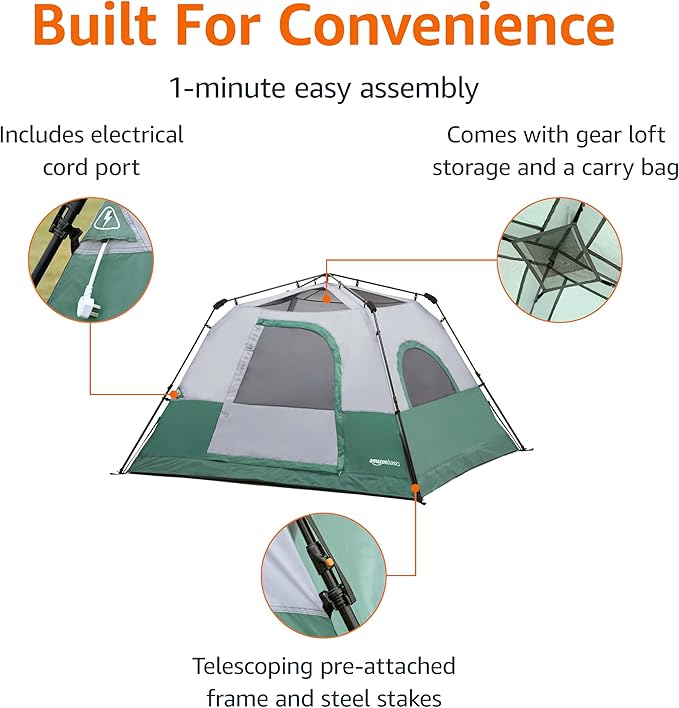 Amazon Basics Instant Camping Tent with Rainfly Weather-Resistant Quick Setup