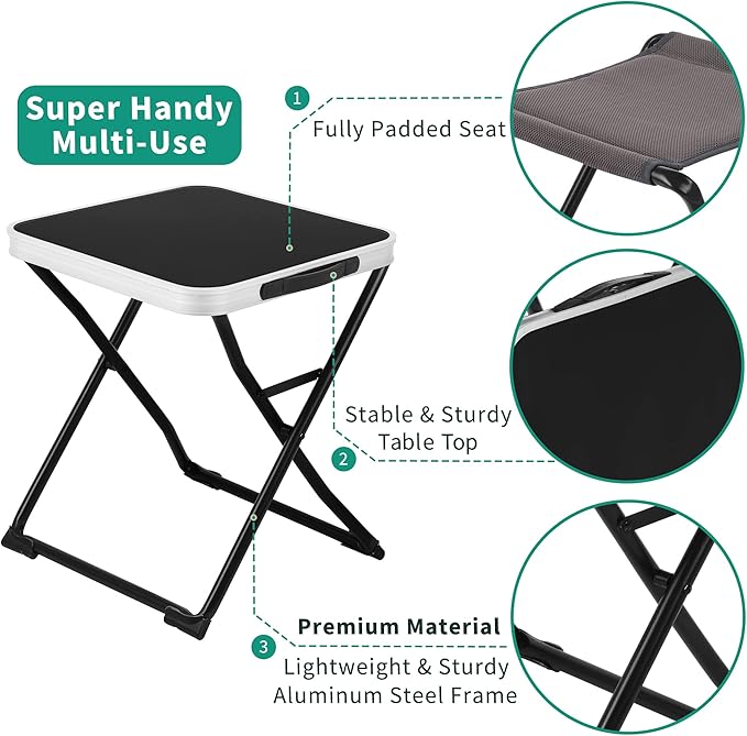 SUNNYFEEL 3 in 1 Folding Camping Table and Stool Footrest Lightweight Up to 300 LBS Easy to Carry Portable Camp Stool for Beach Fishing Trip Picnic Lawn Concert Outdoor