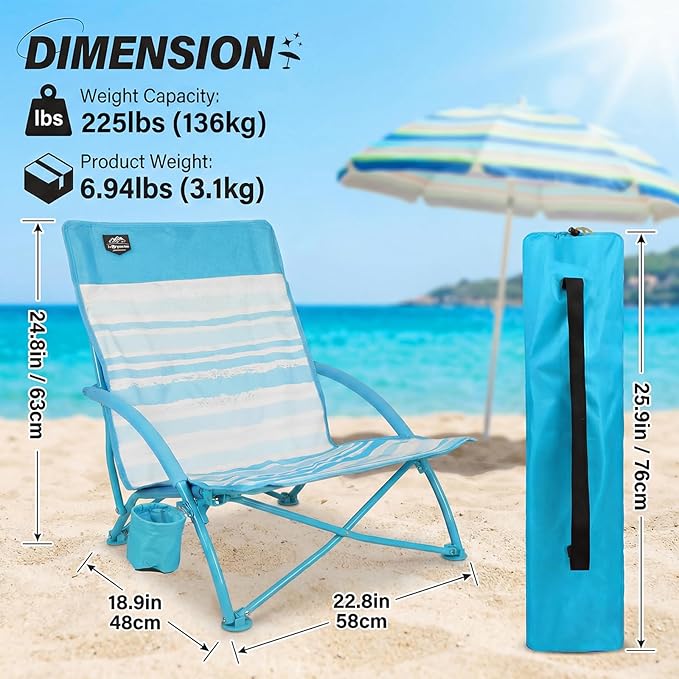 2 Pack Low Beach ChairFolding Recliner Camping Chair for AdultsLightweight Backpacking Low Seat Camping Chairs with Cup HolderCarry Bag for Outdoor Camp Lawn Picnic FestivalBlue Strip
