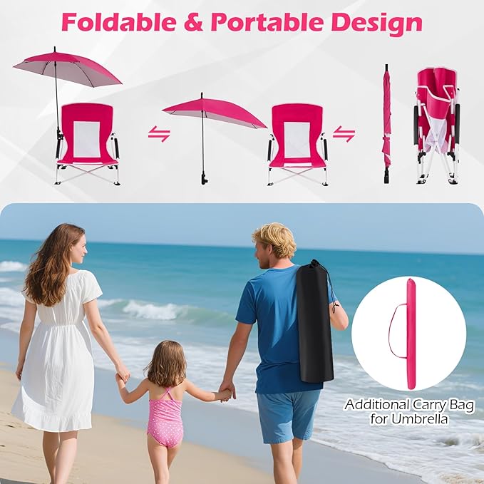 GYMAX Folding Beach Chair 330lbs Low Seat Camping Chairs with Removable Adjustable Umbrella Carry Bag Armrests Anti-Slip Foot Pads Lightweight Mesh High Back for Lawn BBQ Sport Event (1Pink)