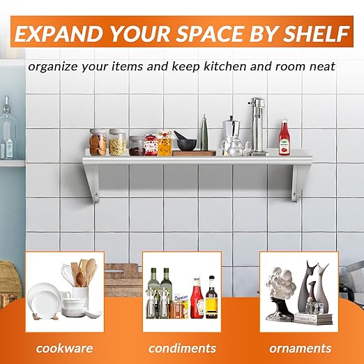 Commercial Stainless Steel Shelf 12 x 36” 2 Pack Wall Mounted Food Service Storage Rack Shelves Heavy Duty 270 lb Metal Shelf for Kitchen Restaurant Food Truck Garage Laundry Room